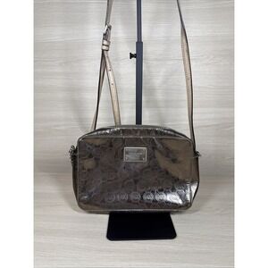 Michael‎ Kors Brown Logo Patent Leather Silver Chain Jet Set Small Crossbody